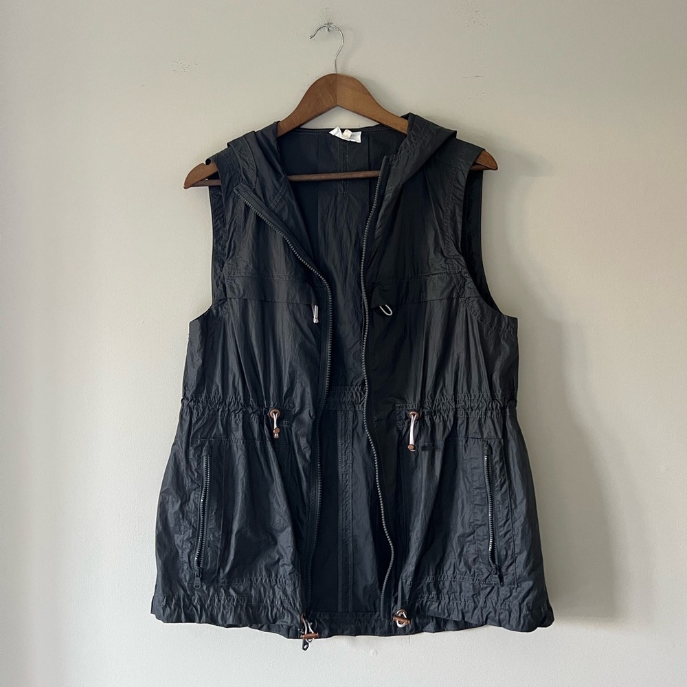 Lou & Grey Hooded Nylon Zip Up Drawstring Vest Dark Gray Size Small